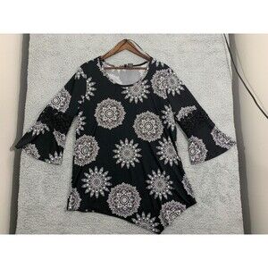 NWT NEW DIRECTIONS Asymmetrical Cut Window-sleeve Knit Lace Black Mandal XL Top